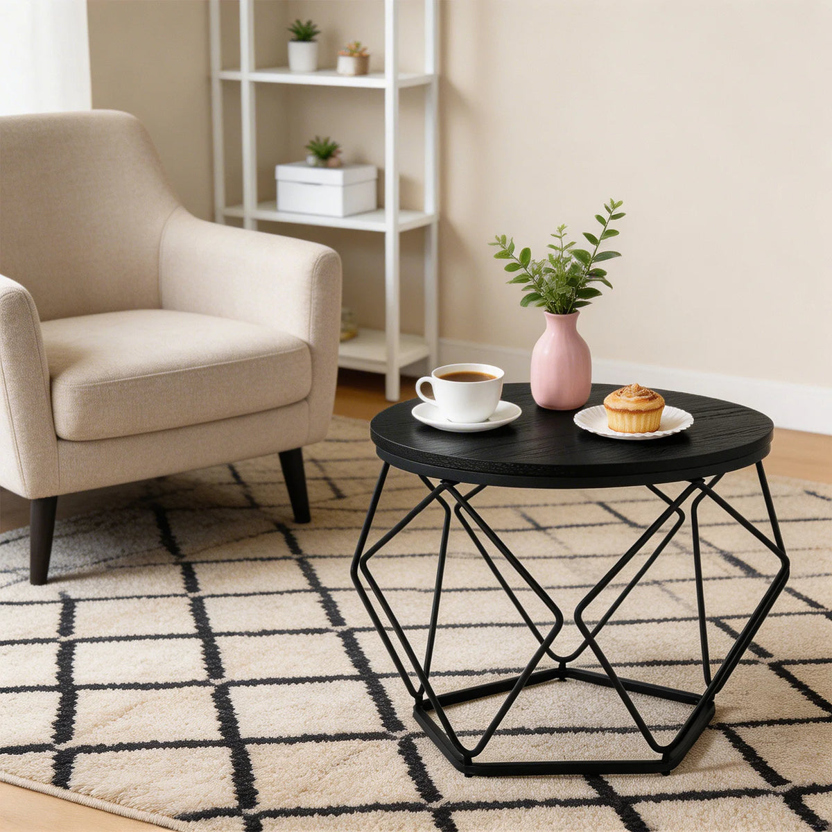 JHK 20IN Round Geometric Coffee Table Set of 2 Movable End Tables for Living Room Nesting Side Tables with Hidden Storage