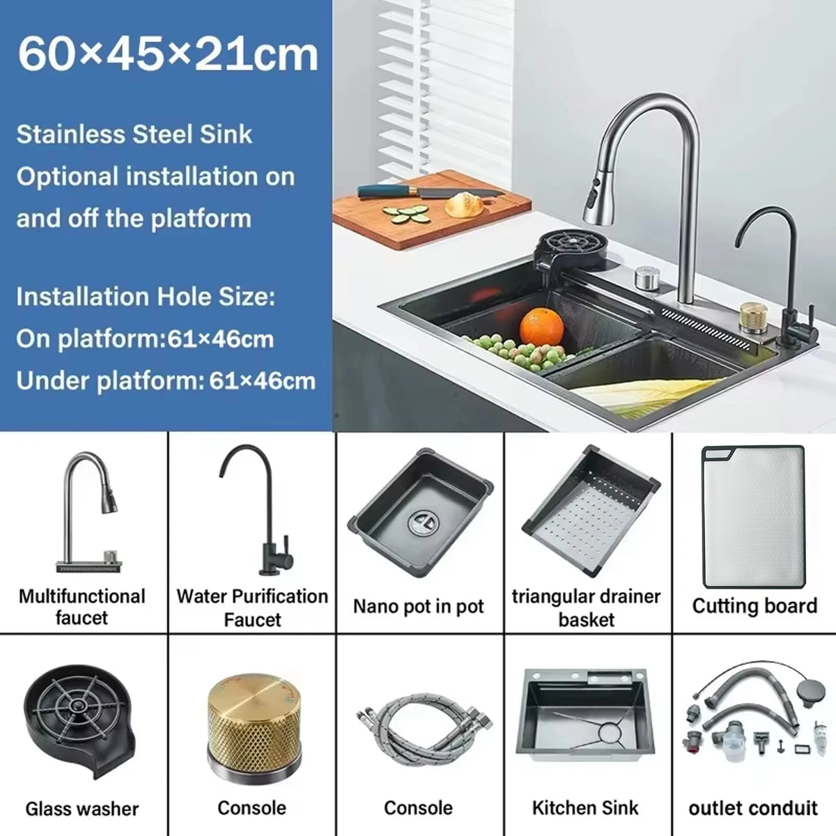 304Stainless Steel Kitchen Sink Faucet Set Rainfall Spout Pull Out Sprayer Pure Tap Cold Hot Water Mixer Multifunctional Kitchen