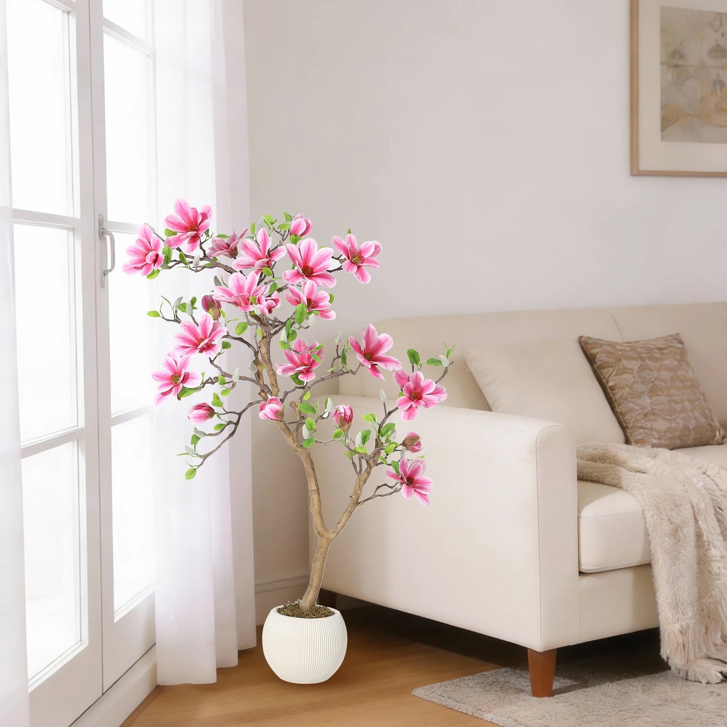 Lifelike Pink Magnolia Artificial Tree for Home Decor – Realistic Tall Silk Faux Plant Flower in Pot for Living Room Entryway
