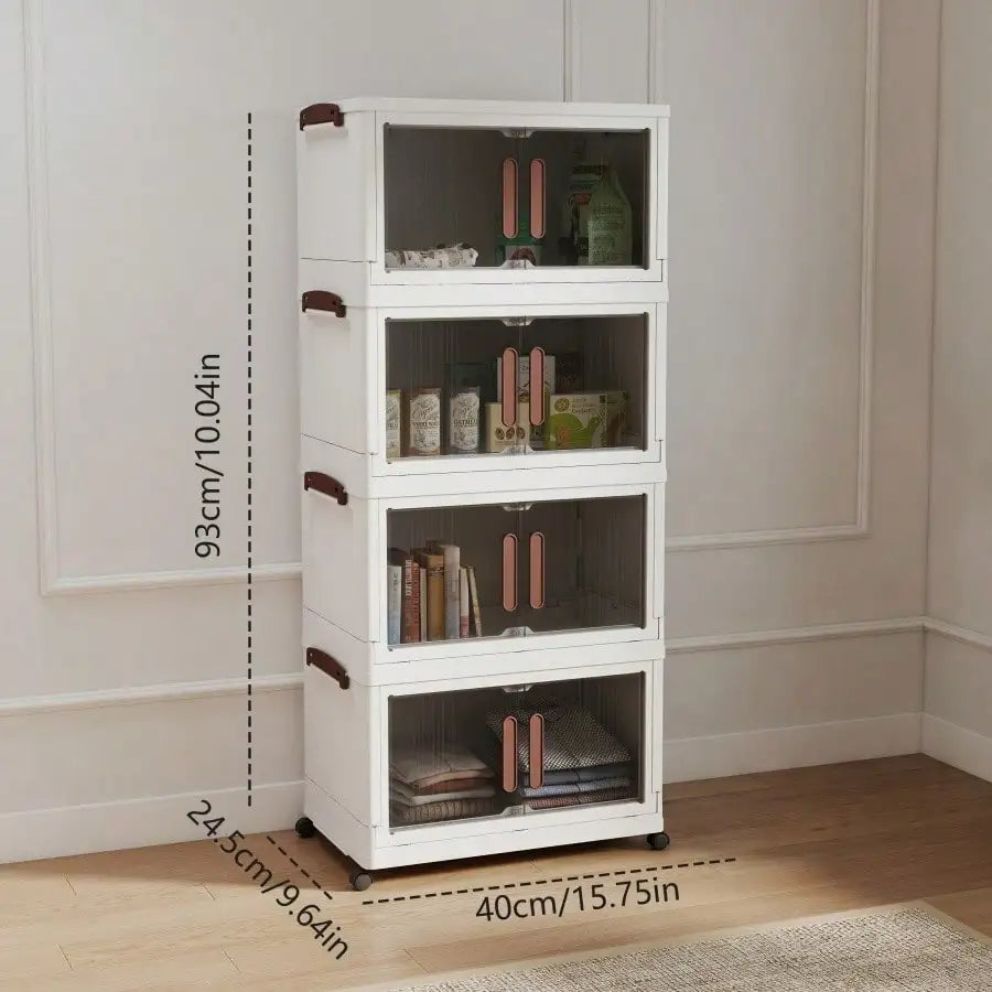 4 Tier Foldable Storage Cabinet Modern White Plastic Stackable Storage Bins Organizer Unit With Clear Magnetic Doors Wheels Handles For Clothes Pantry Bedroom Living Room Housewarming Gift