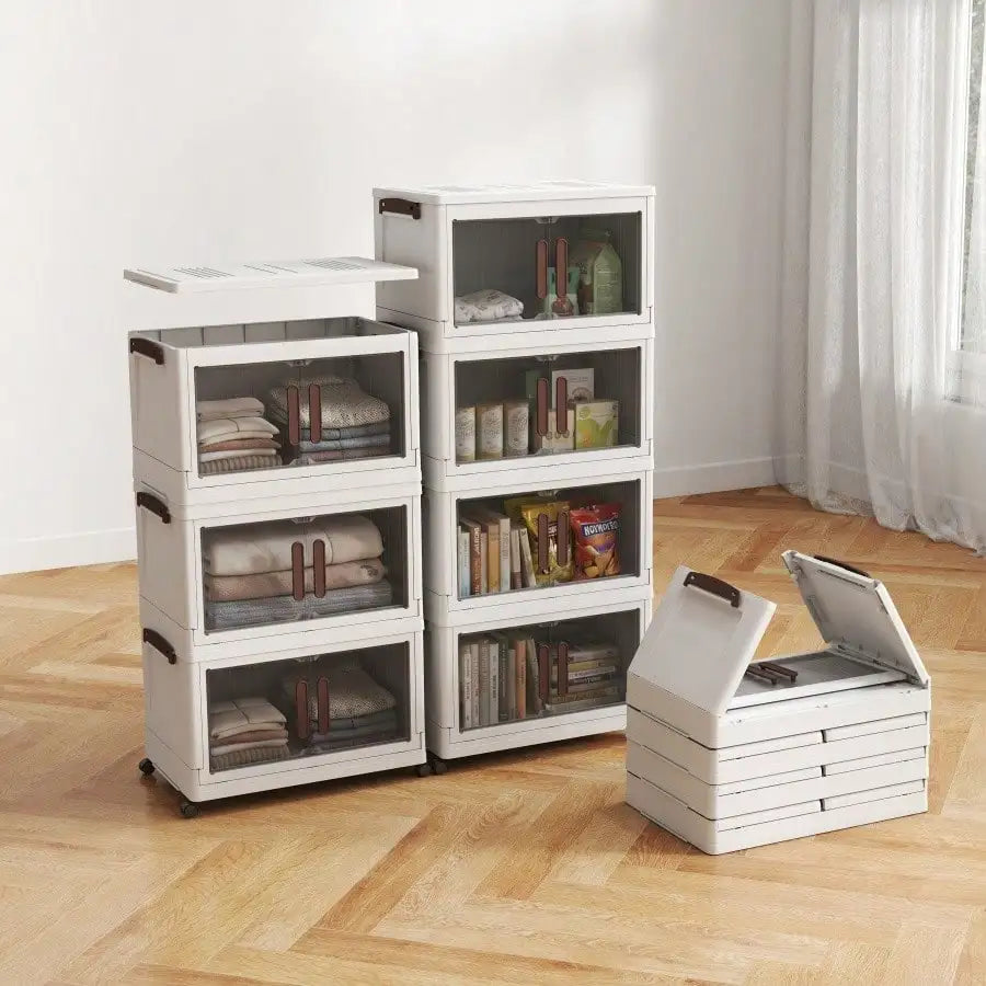 4 Tier Foldable Storage Cabinet Modern White Plastic Stackable Storage Bins Organizer Unit With Clear Magnetic Doors Wheels Handles For Clothes Pantry Bedroom Living Room Housewarming Gift