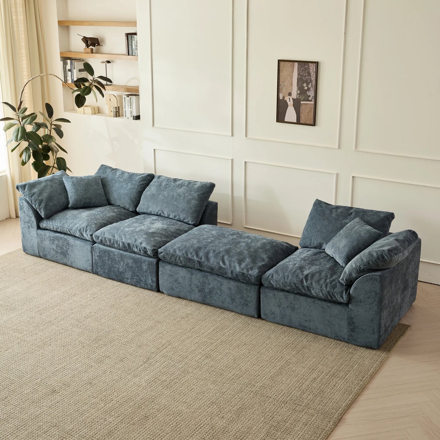 109" Modern Cloud L-Shaped 3-Seater Oversized Deep Seat Chenille Fabric Sofa Blue Modular Sectional with Ottoman
