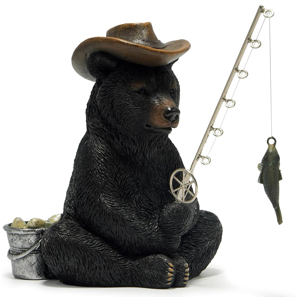 Hodao Resin Fishing Bear Figurine Figure Model, Rustic Black Bear Decor with Cowboy Hat, Fishing Rod, Hanging Fish and Bait Bucket, Outdoorsman Tabletop Statue for Cabin Lodge, Lake House, Shelf, Mantel, Office, Angler Fisher