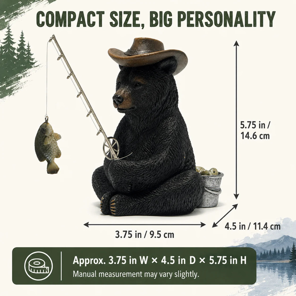 Hodao Resin Fishing Bear Figurine Figure Model, Rustic Black Bear Decor with Cowboy Hat, Fishing Rod, Hanging Fish and Bait Bucket, Outdoorsman Tabletop Statue for Cabin Lodge, Lake House, Shelf, Mantel, Office, Angler Fisher