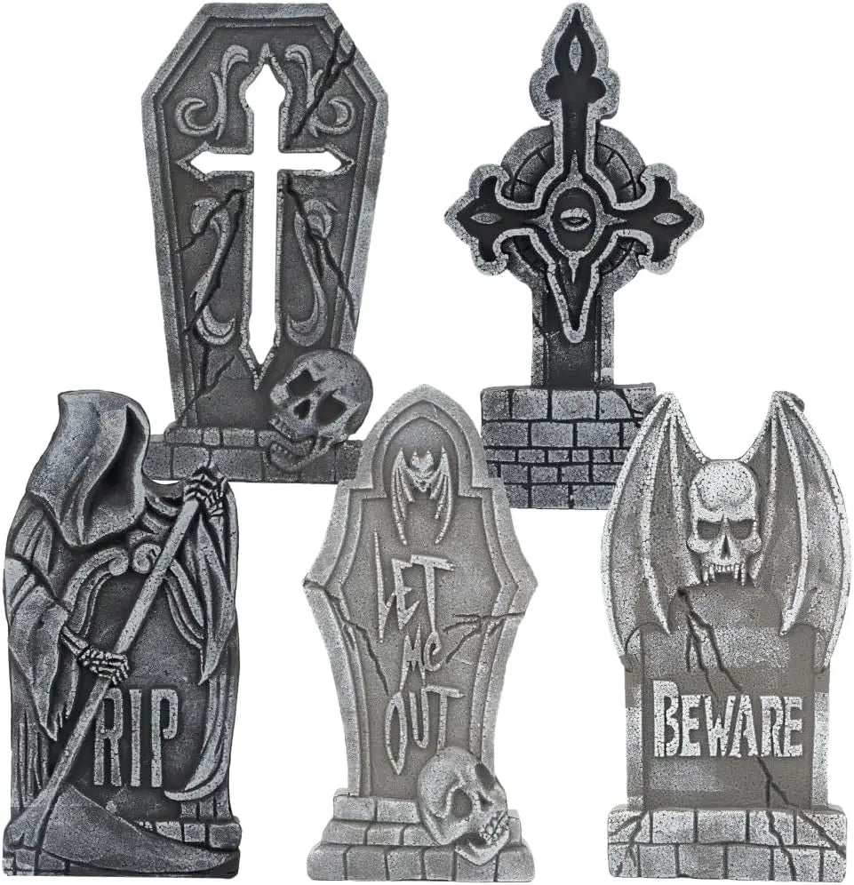 17" Halloween Decorations Outdoor Tombstones 5 Pack Halloween Graveyard Foam Headstones Decor with 12 Metal Stakes for Prop Cemetery Yard Lawn Decorations, Party Supplies