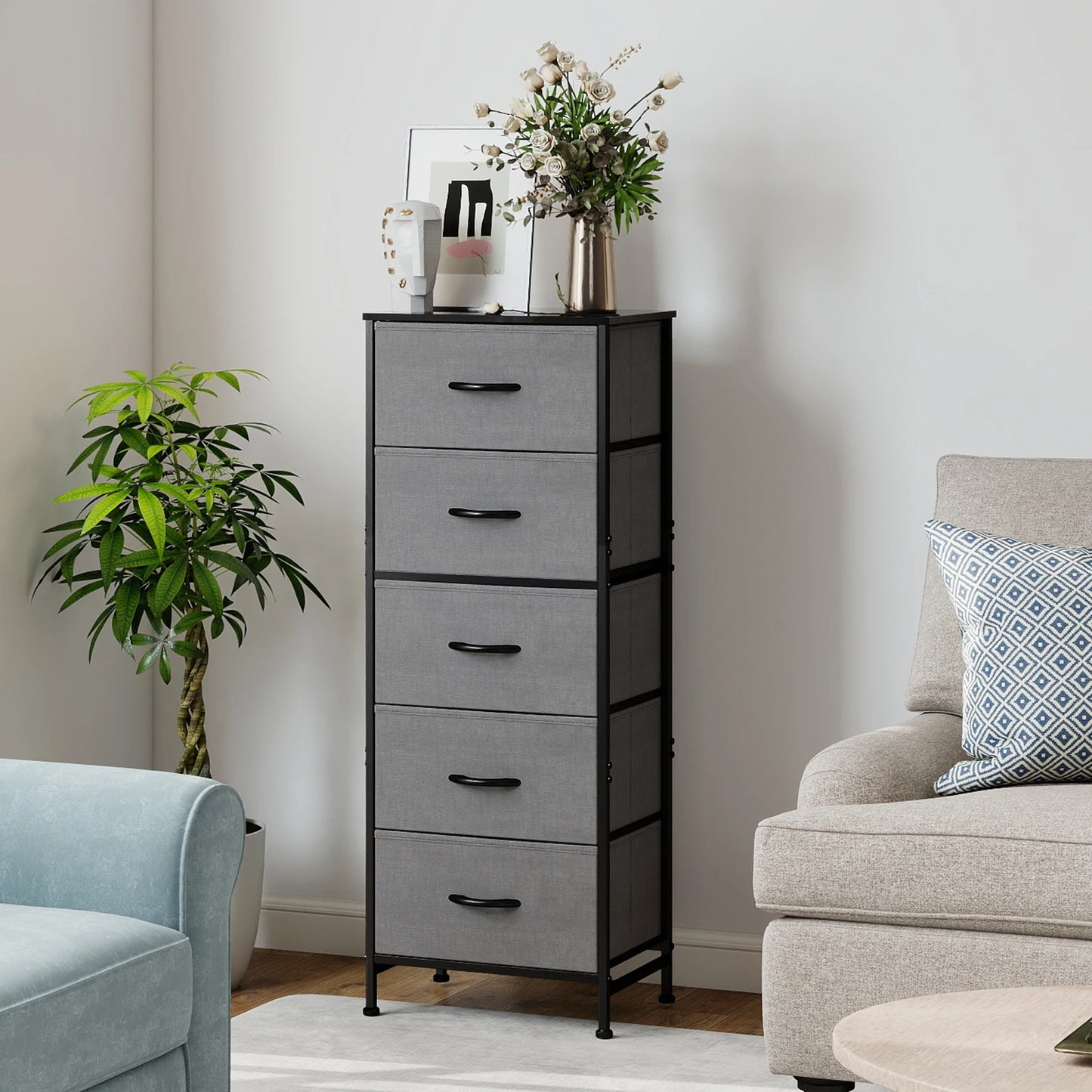 JHK 5 Fabric Drawers Cabinet For Living Room 48IN Drawers Beside Nightstand Tables Storage Closet Chest Clothes Display Of Furni