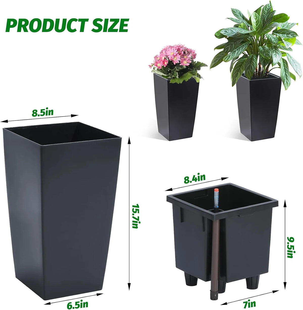 Rectangular Planters Set of 2, Large Plant Pots with Drainage Holes＆Water Level Monitor for Outdoor Indoor Patio Porch Rooms