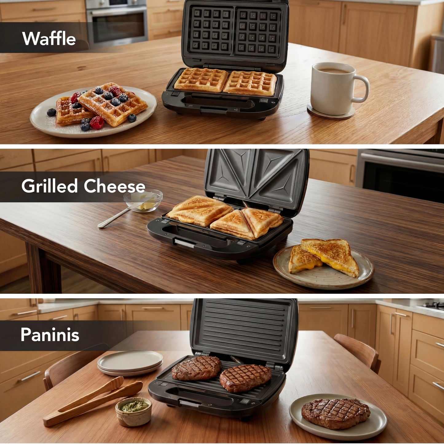 3-in-1 Sandwich Maker, Panini Press & Waffle Iron - Indoor & Outdoor Electric Grill with Removable Non-Stick Plates, 800W