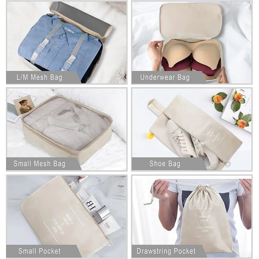 7/8/9Pcs Set Travel Organizer Storage Bags Suitcase Packing Cubes Set Cases Portable Luggage Clothes Shoe Tidy Pouch Folding