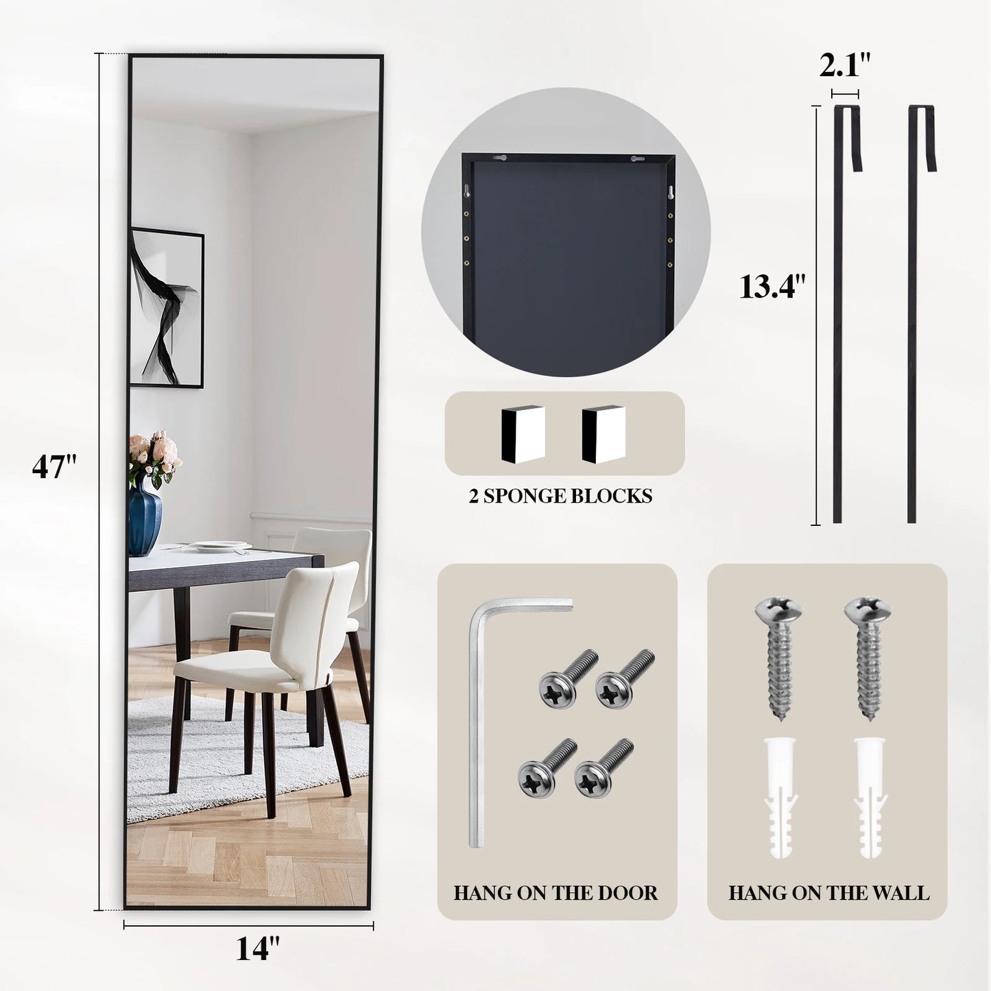 JHK 47x14 Inch Door Hanging Full Length Mirror Arched Full Body Wall Mounted Aluminum Alloy Frame Mirror for Bedroom Dressing Room Entryway