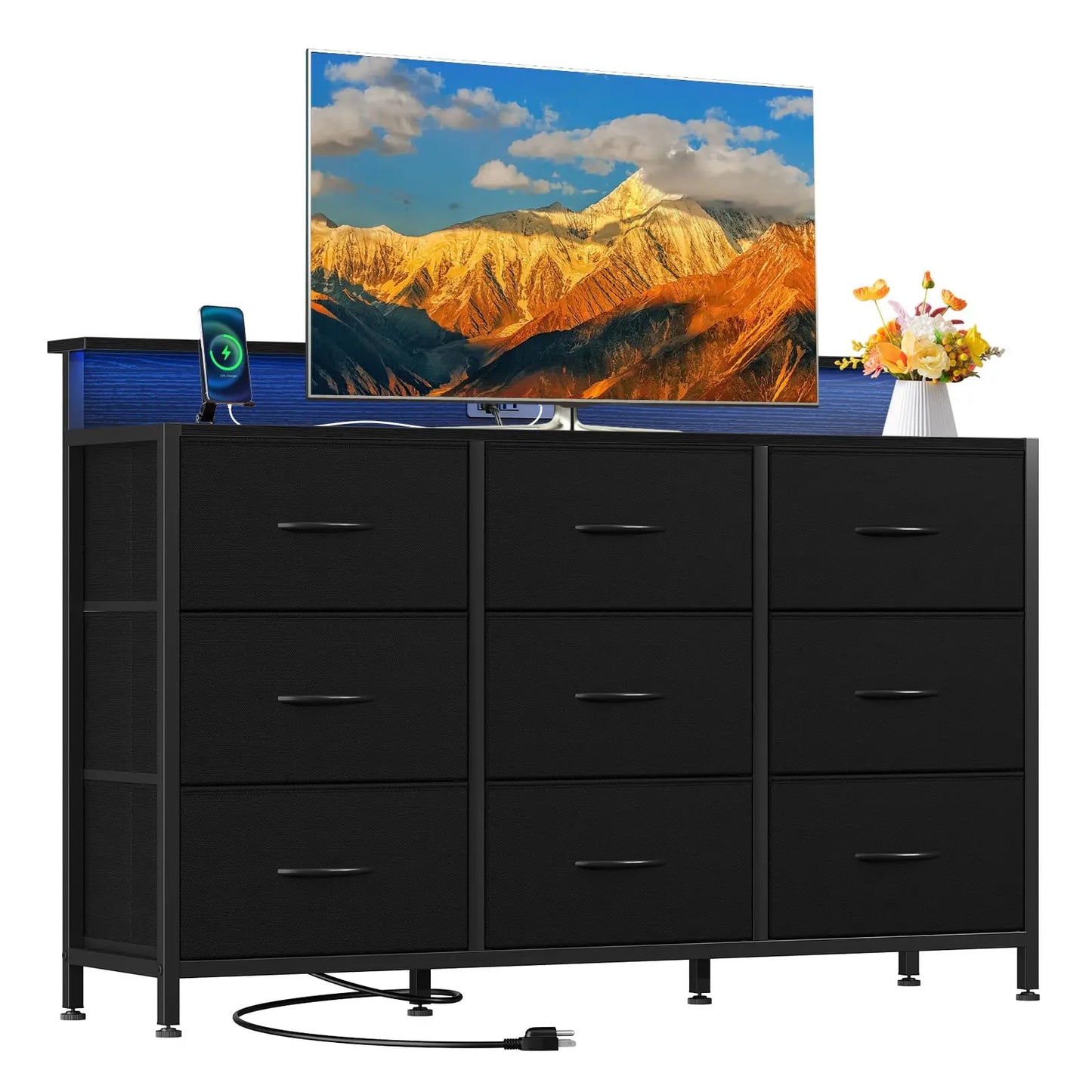 JHK TV Stand Dresser with 9 Fabric Drawers Wood Top Media Console for 32-52 inch TV Stand with Storage Display Of Furniture