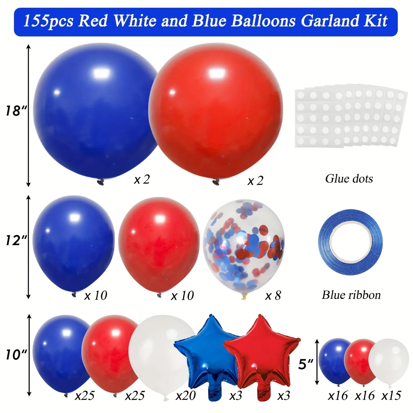158pcs Red White Blue Patriotic Balloon Arch Kit American Themed Party Supplies Suitable For US Holiday Celebrations Puncture Resistant Not Easy To Break Multi Purpose Game Props Star Aluminum Foil Balloons For July 4th Birth