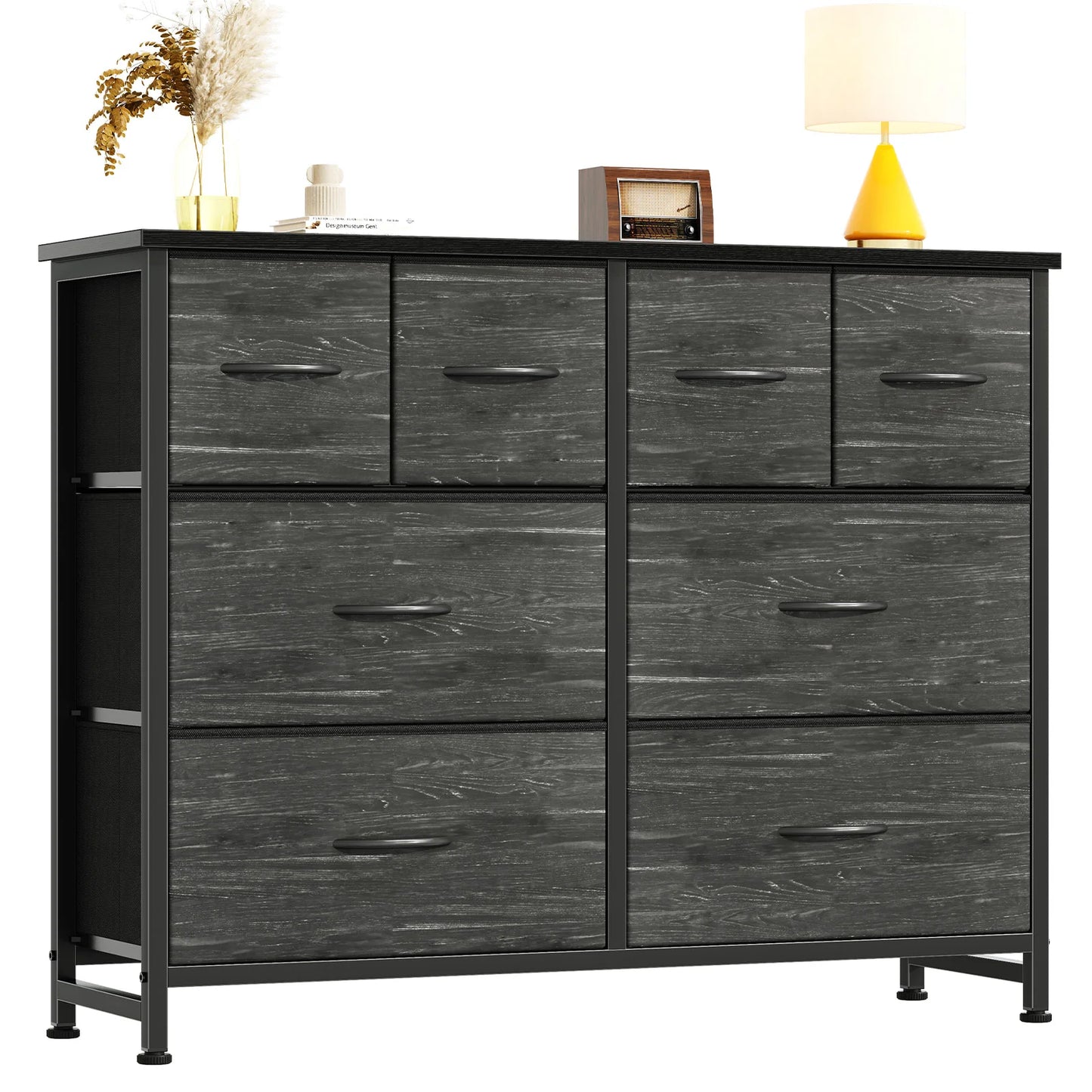 JHK 8 Fabric Drawers Dresser for Living Room Storage Tower with Wood Top and Mental Frame Wide Fabric Dresser for Closet Storage Unit for Entryway