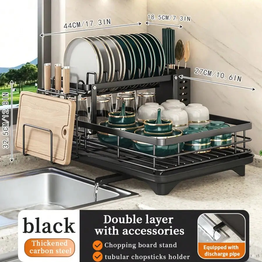This Double-Layered, Large Metal And Carbon Steel Cutlery Rack Is Perfect For Kitchen Countertops. It's Space-Saving And Durable, Featuring Knife, Fork, And Cup Holders, As Well As A Drainer. The Rust-Resistant Design Makes Y