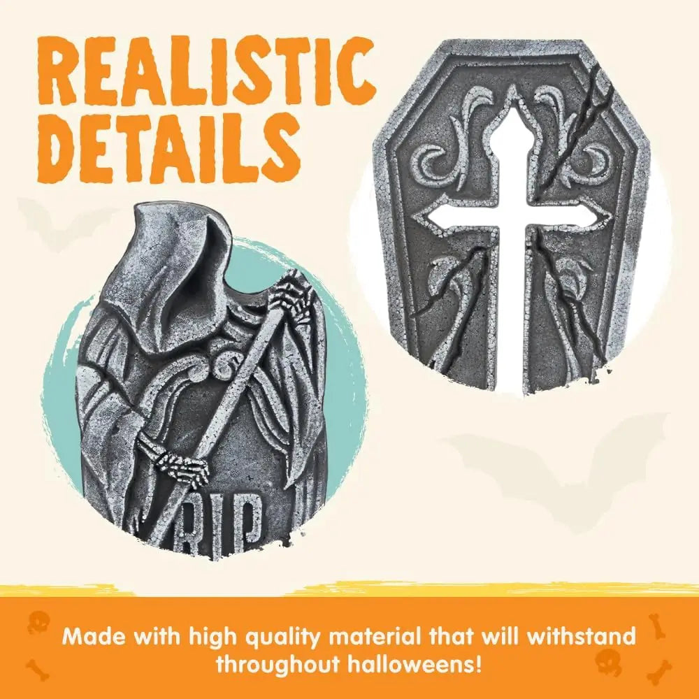 17" Halloween Decorations Outdoor Tombstones 5 Pack Halloween Graveyard Foam Headstones Decor with 12 Metal Stakes for Prop Cemetery Yard Lawn Decorations, Party Supplies