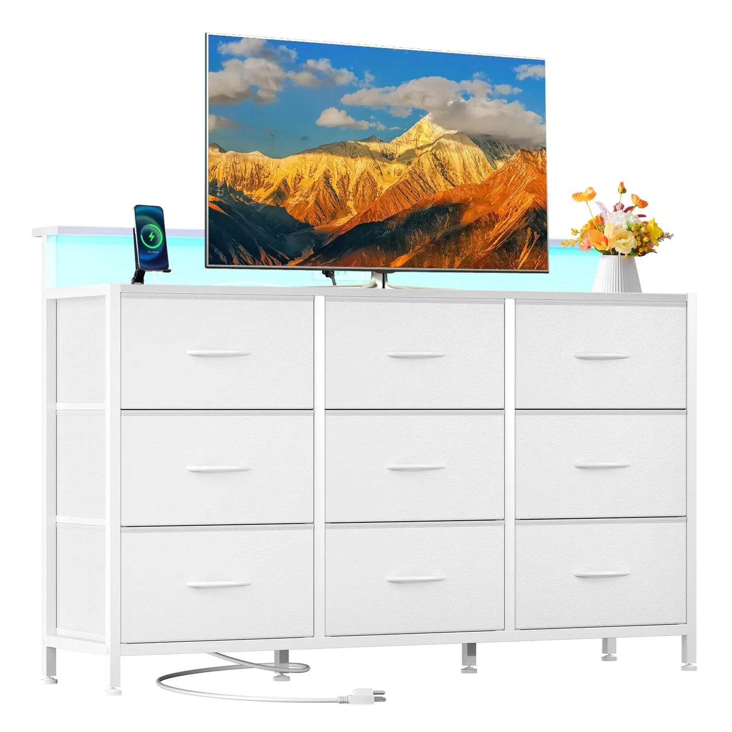 JHK TV Stand Dresser with 9 Fabric Drawers Wood Top Media Console for 32-52 inch TV Stand with Storage Display Of Furniture