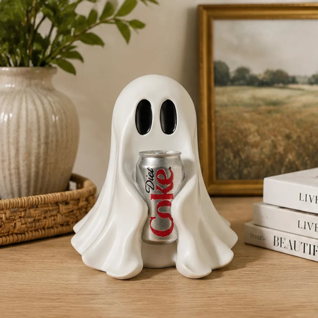 Funny Ghost Holding Soda Can Resin Statue Halloween Desk Decor Cute Spooky Room Ornament Gift for Home Office Decoration
