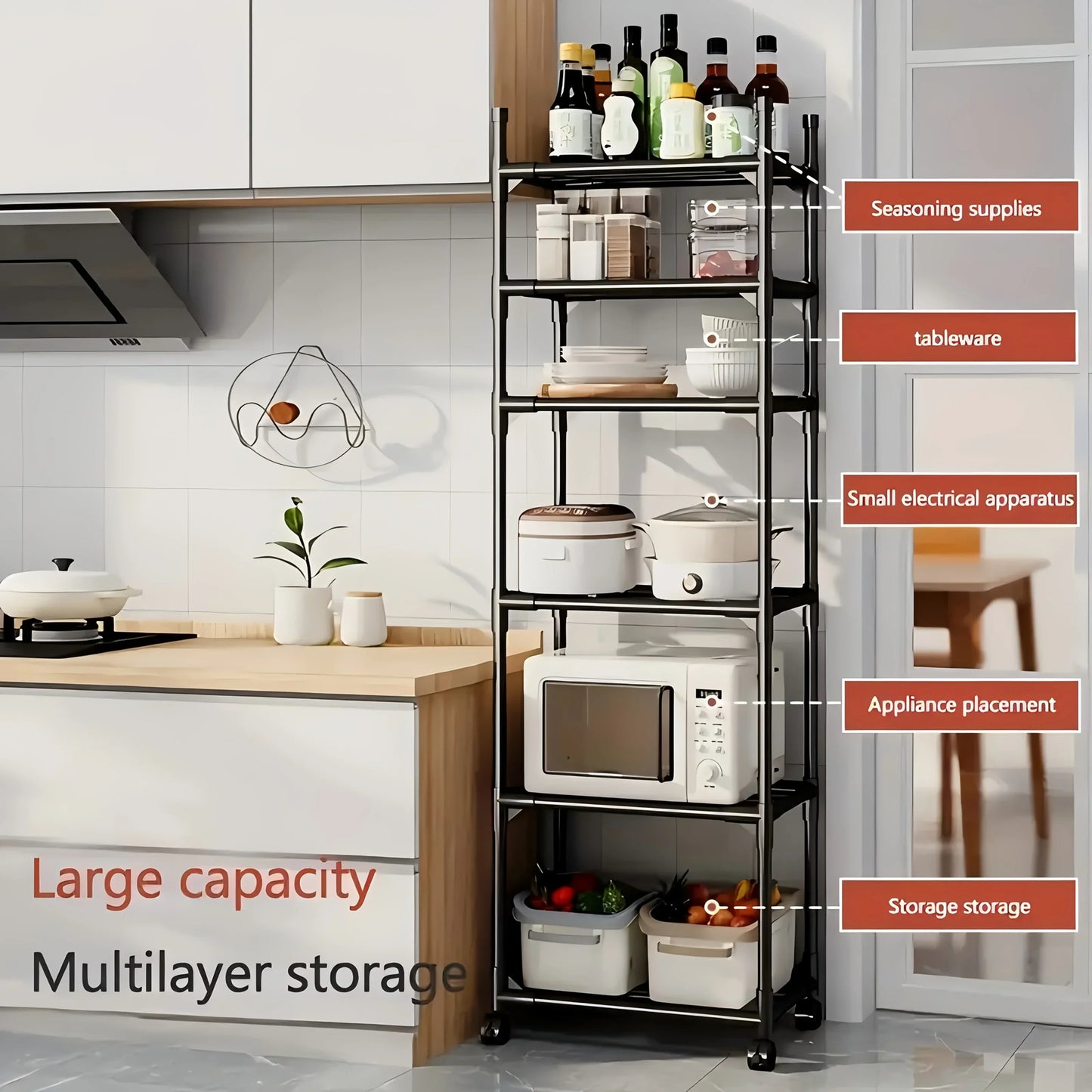 Six-story removable metal wheeled storage cart - Multifunctional storage racks for kitchens, bedrooms, bathrooms and laundry rooms - Space-saving design to store seasoning bottles, tableware and more | Open Shelf Design |