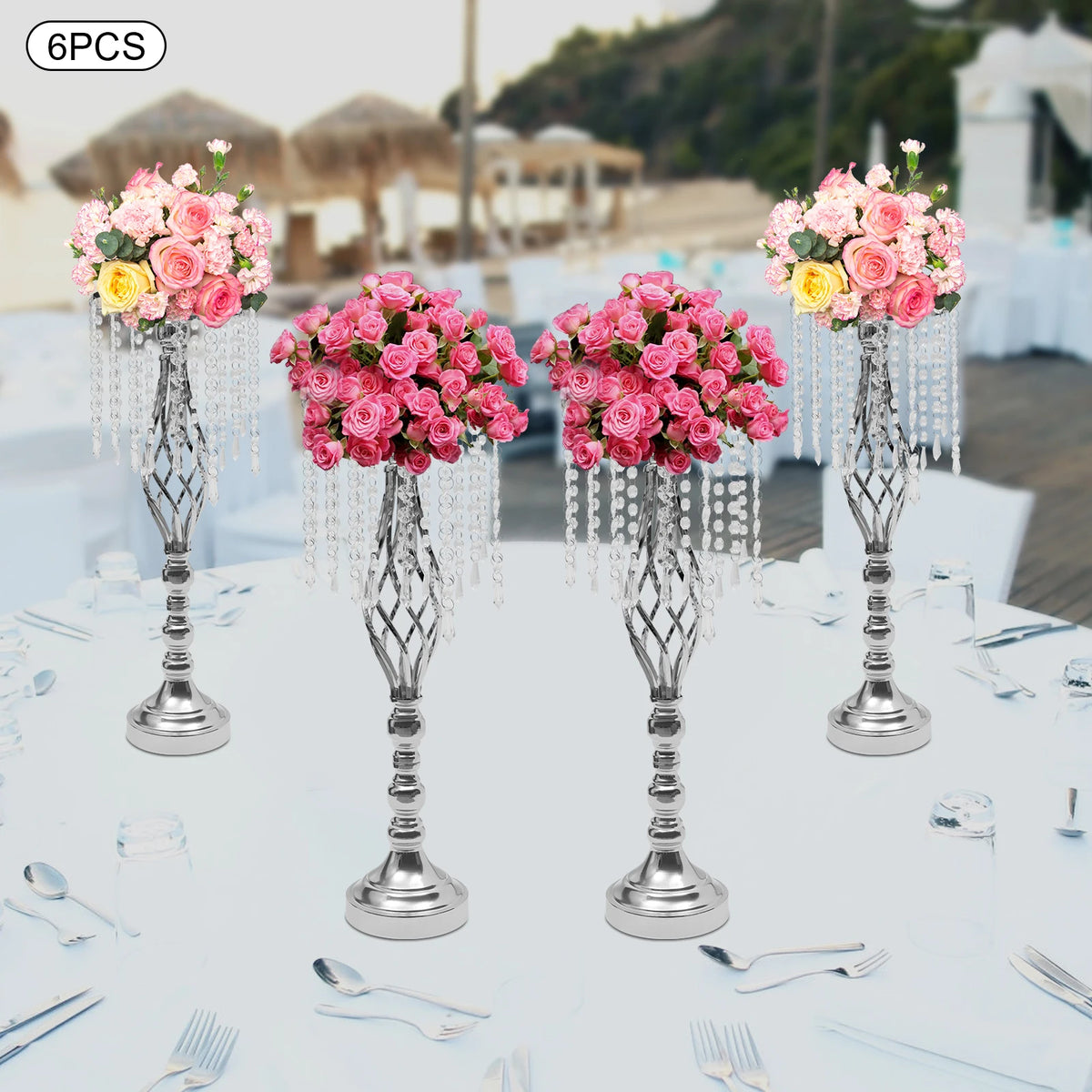 6pcs Crystal Flower Stand, Wedding Centerpiece, Crystal Wedding Flower Stand 55cm Silver Iron Durable DIY Vase Holder for Party Event Decor