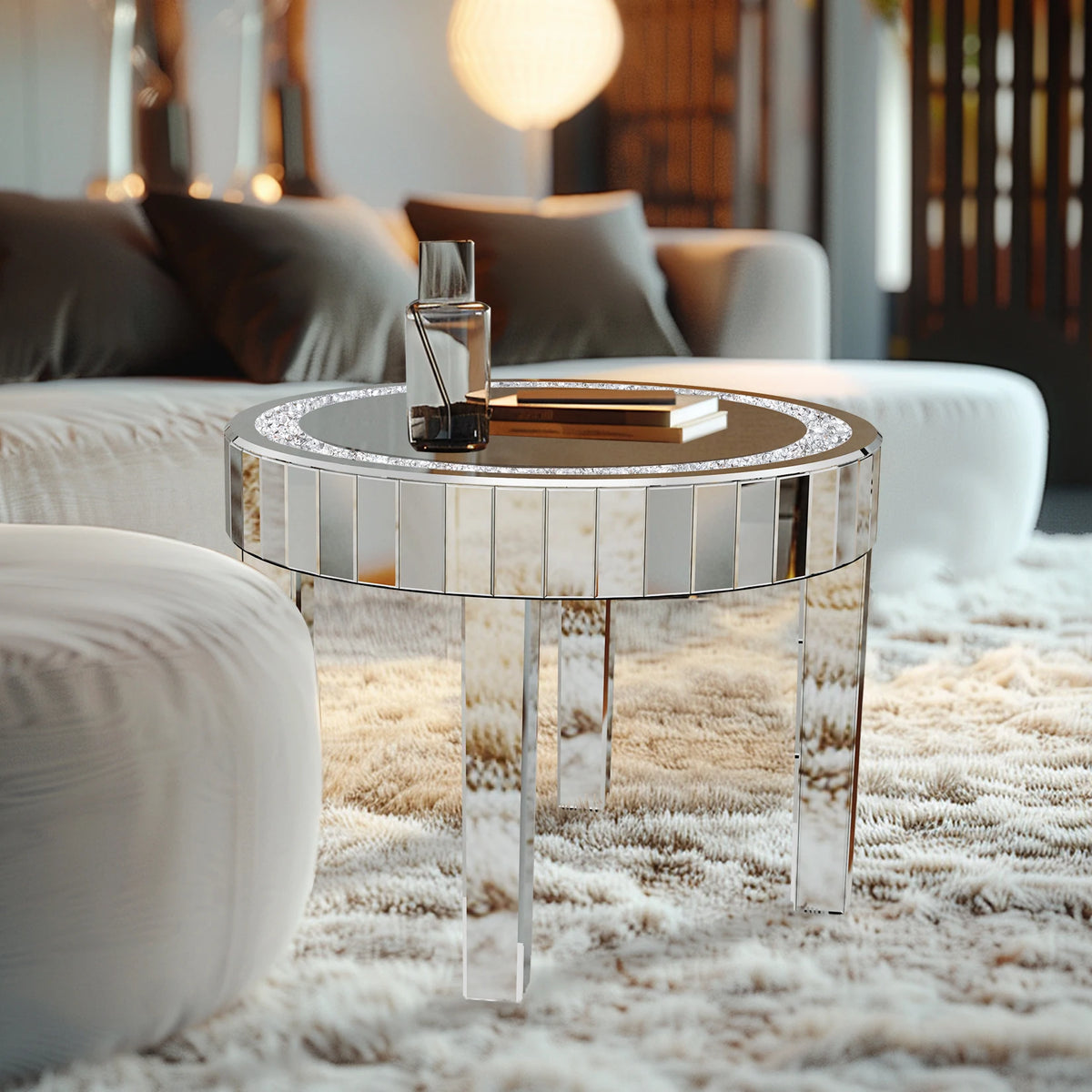 Luxury Round Mirrored Bedside Table, Crystal Diamond Inlay Accent Side Table for Living Room & Bedroom Decor