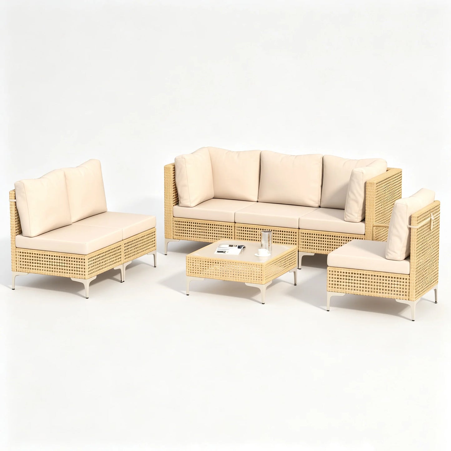 7 Piece Outdoor Patio Furniture Set Boho Style Weatherproof Wicker Conversation Set with Coffee Table