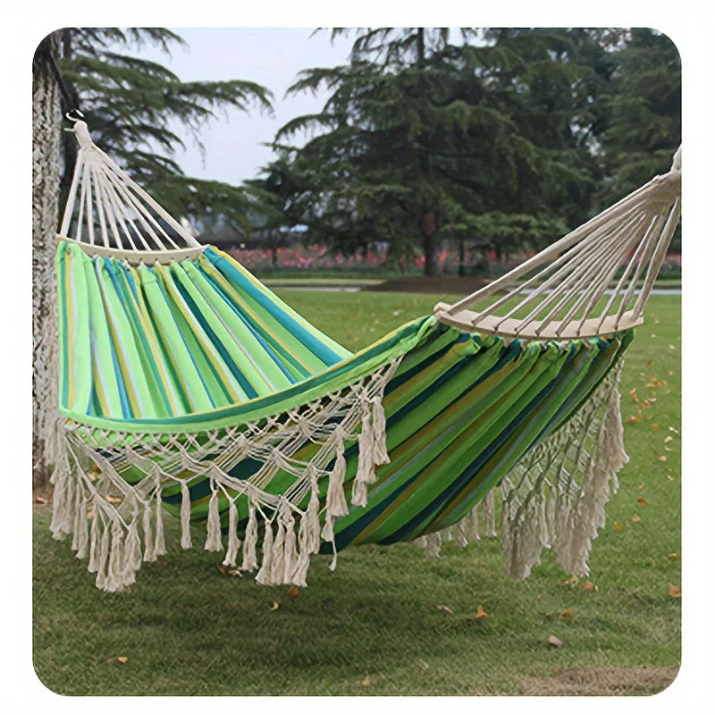 Bohemian Double Hammock for 2 Person, Red White Striped Pattern with Tassels, Heavy Duty Rope Outdoor Hammock with Carry Bag