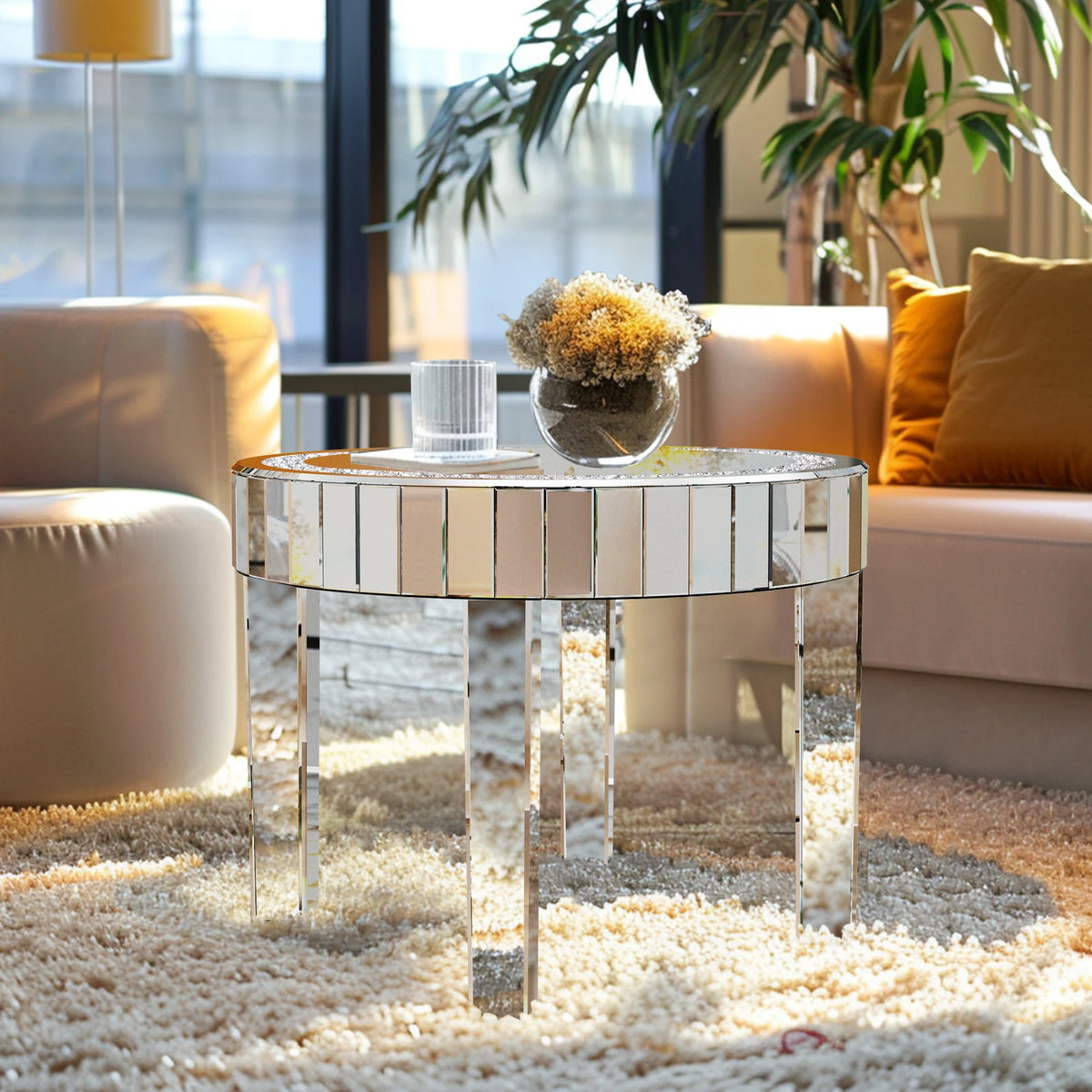 Luxury Round Mirrored Bedside Table, Crystal Diamond Inlay Accent Side Table for Living Room & Bedroom Decor