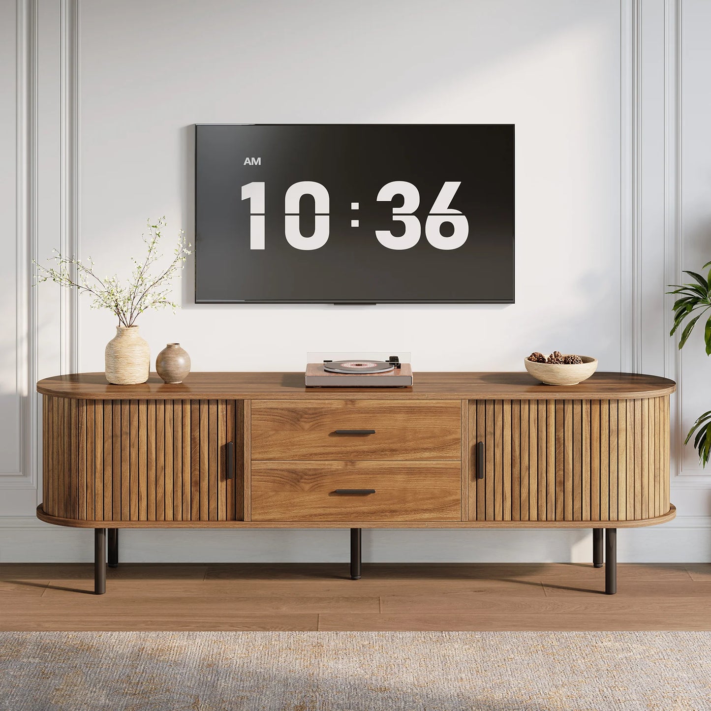 Tribesigns 70" Mid-Century Modern TV Stand with Sliding Tambour Door, Drawers and Adjustable Shelves, Long Fluted Entertainment