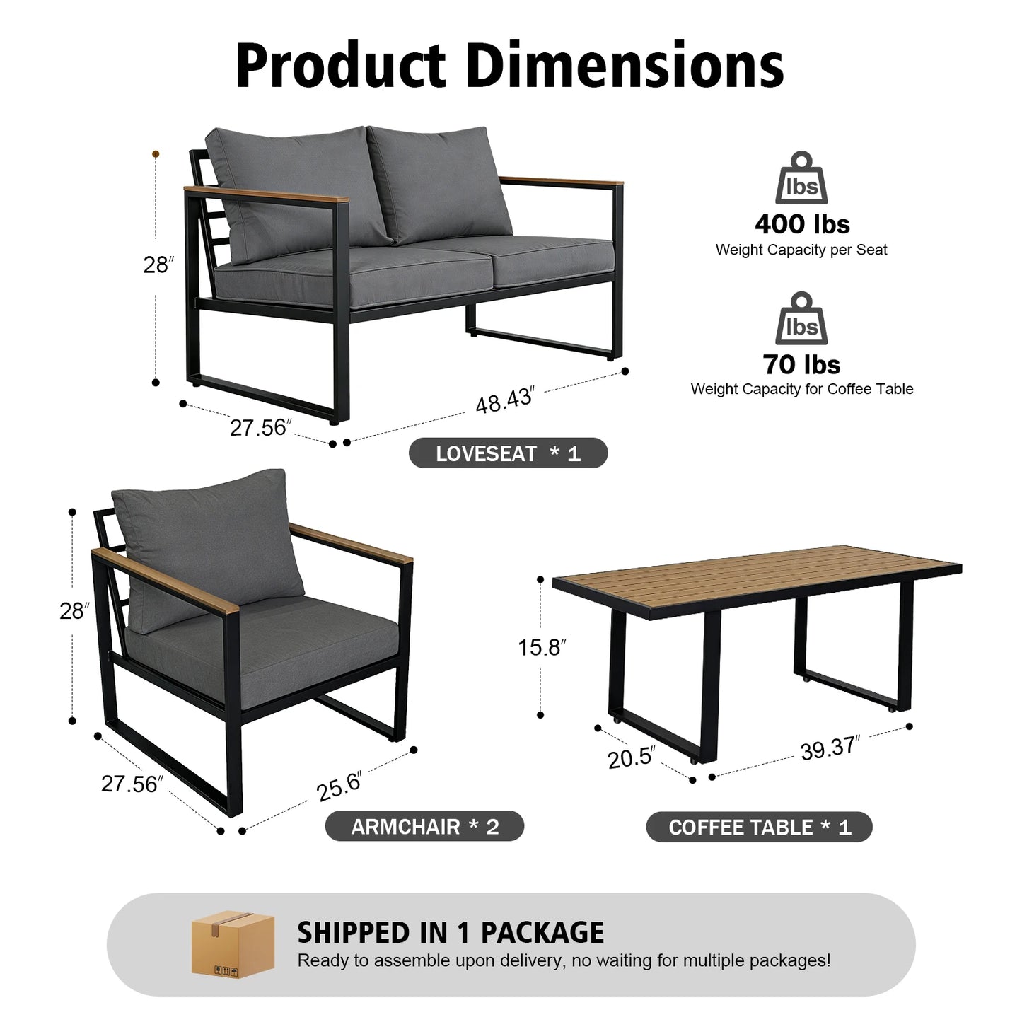 Outdoor Textilene Patio Conversation Set, 4-Piece Metal Frame Furniture With Loveseat, 2 Armchairs & Wood Look Coffee Table, Weather Resistant Outdoor Seating Group For Yard, Balcony, Terrace