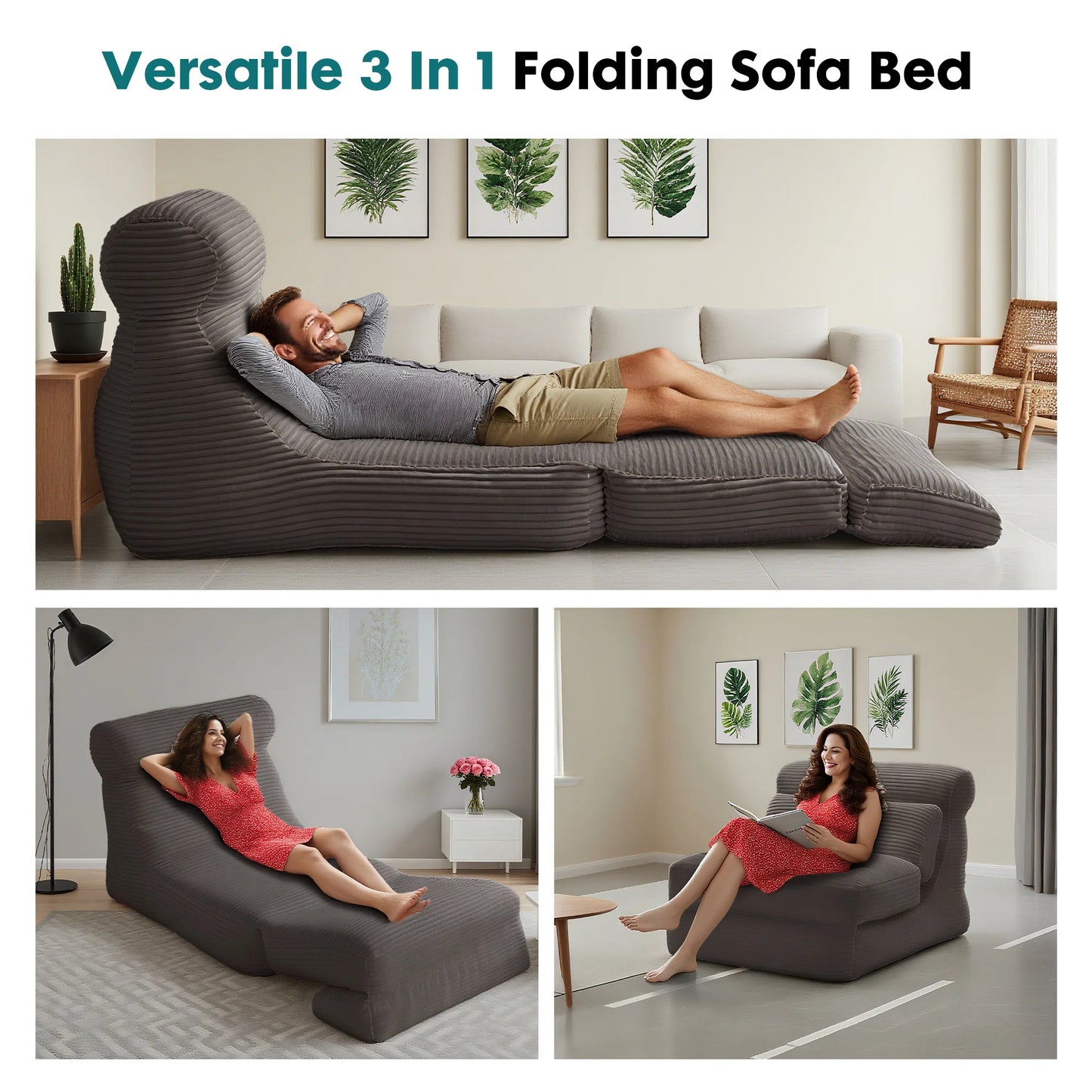 JHK Ergonomic Folding Sofa Bed Living Room Modern Corduroy with Back Lumbar Support Convertible Comfy Sleeper Chair for Bedroom