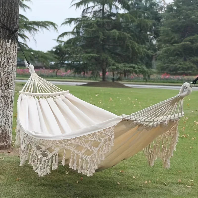 Bohemian Double Hammock for 2 Person, Red White Striped Pattern with Tassels, Heavy Duty Rope Outdoor Hammock with Carry Bag
