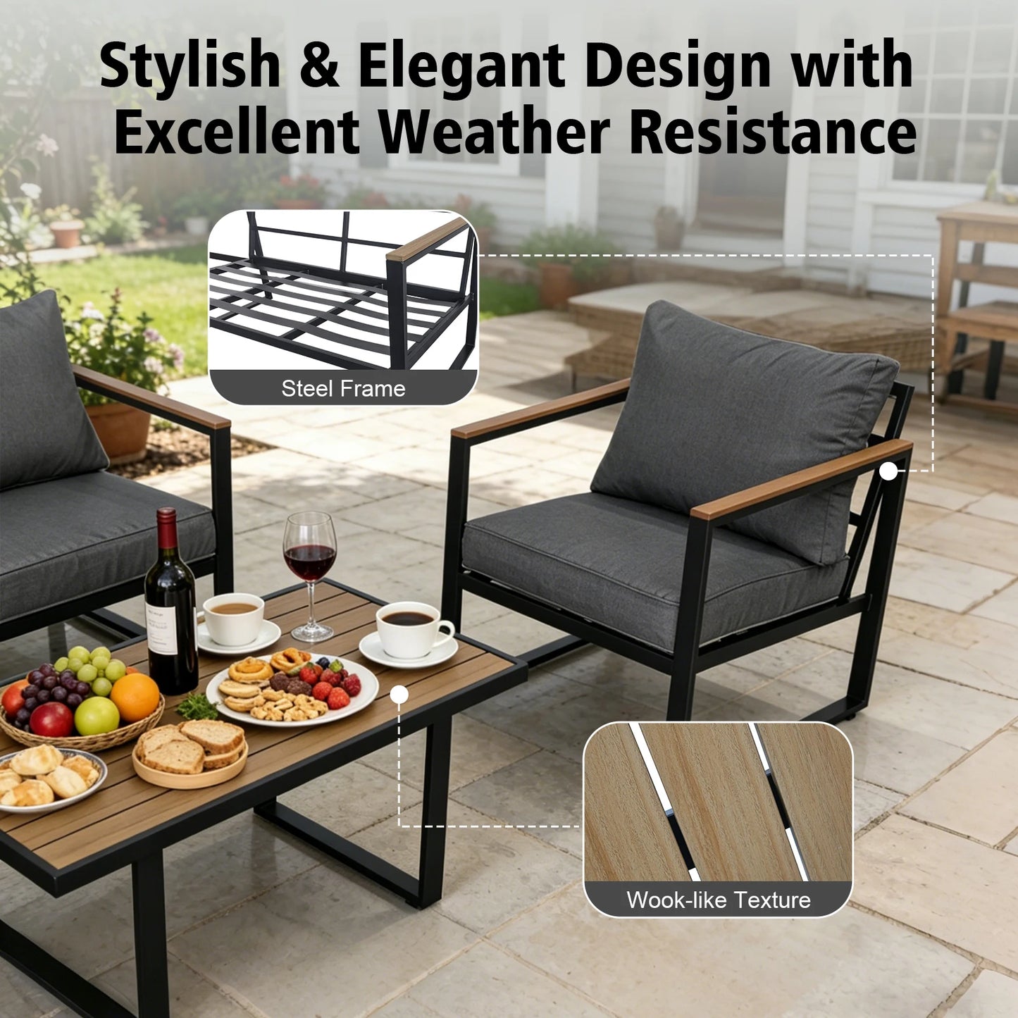 Outdoor Textilene Patio Conversation Set, 4-Piece Metal Frame Furniture With Loveseat, 2 Armchairs & Wood Look Coffee Table, Weather Resistant Outdoor Seating Group For Yard, Balcony, Terrace