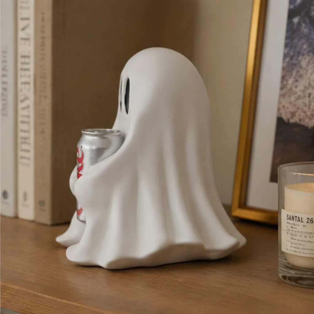 Funny Ghost Holding Soda Can Resin Statue Halloween Desk Decor Cute Spooky Room Ornament Gift for Home Office Decoration