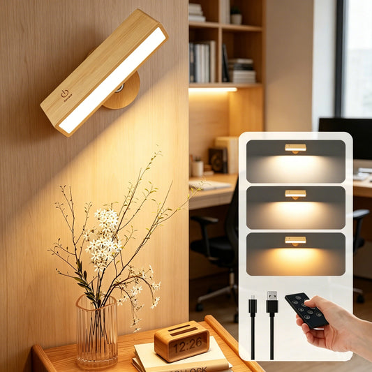 360° Rotatable Solid Beech Wood LED Wall Lamp with Remote Control, 3 Color Modes Type-C Rechargeable Magnetic Wall Sconce, Portable Dimmable Reading Light for Bedside Mirror Bathroom
