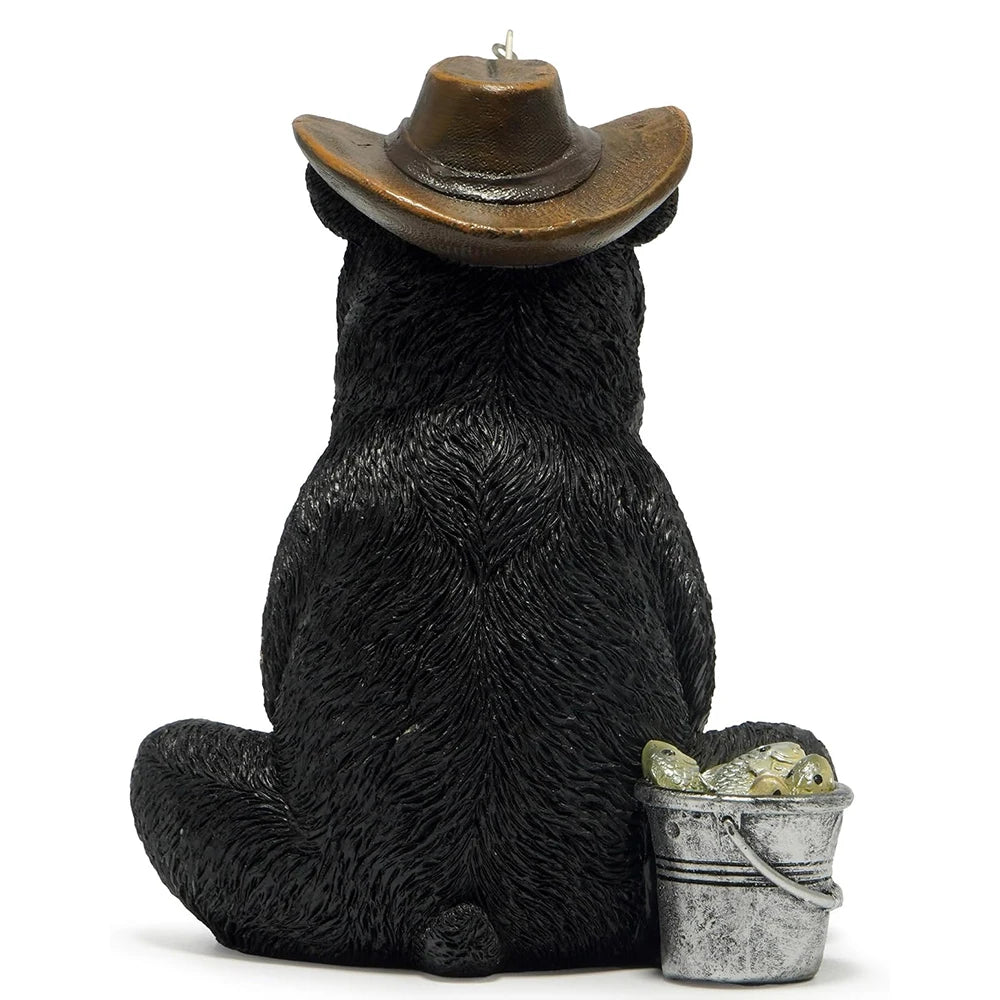 Hodao Resin Fishing Bear Figurine Figure Model, Rustic Black Bear Decor with Cowboy Hat, Fishing Rod, Hanging Fish and Bait Bucket, Outdoorsman Tabletop Statue for Cabin Lodge, Lake House, Shelf, Mantel, Office, Angler Fisher
