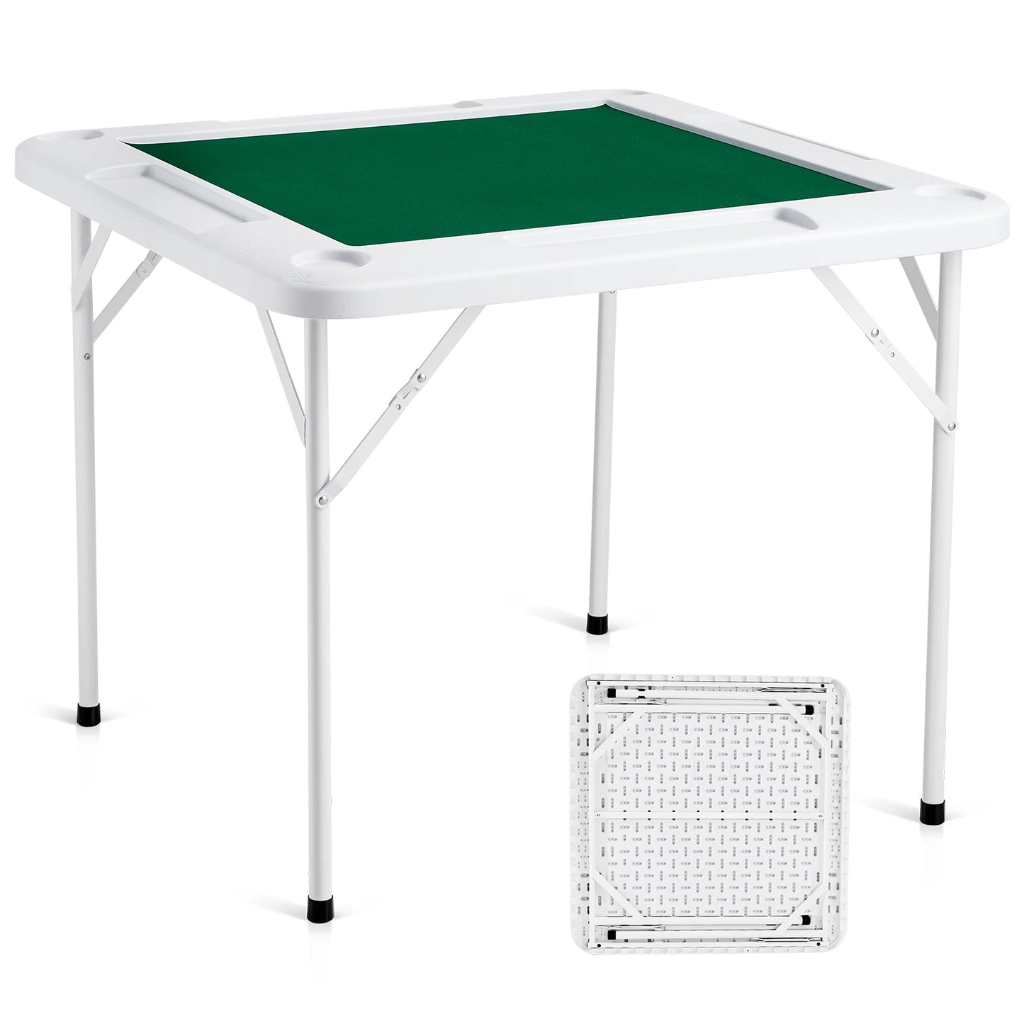 SucceBuy Mahjong Table 4 Player Folding Domino Table with Wear-Resistant Green Tabletop Portable Square Card Table 4 Chip Trays