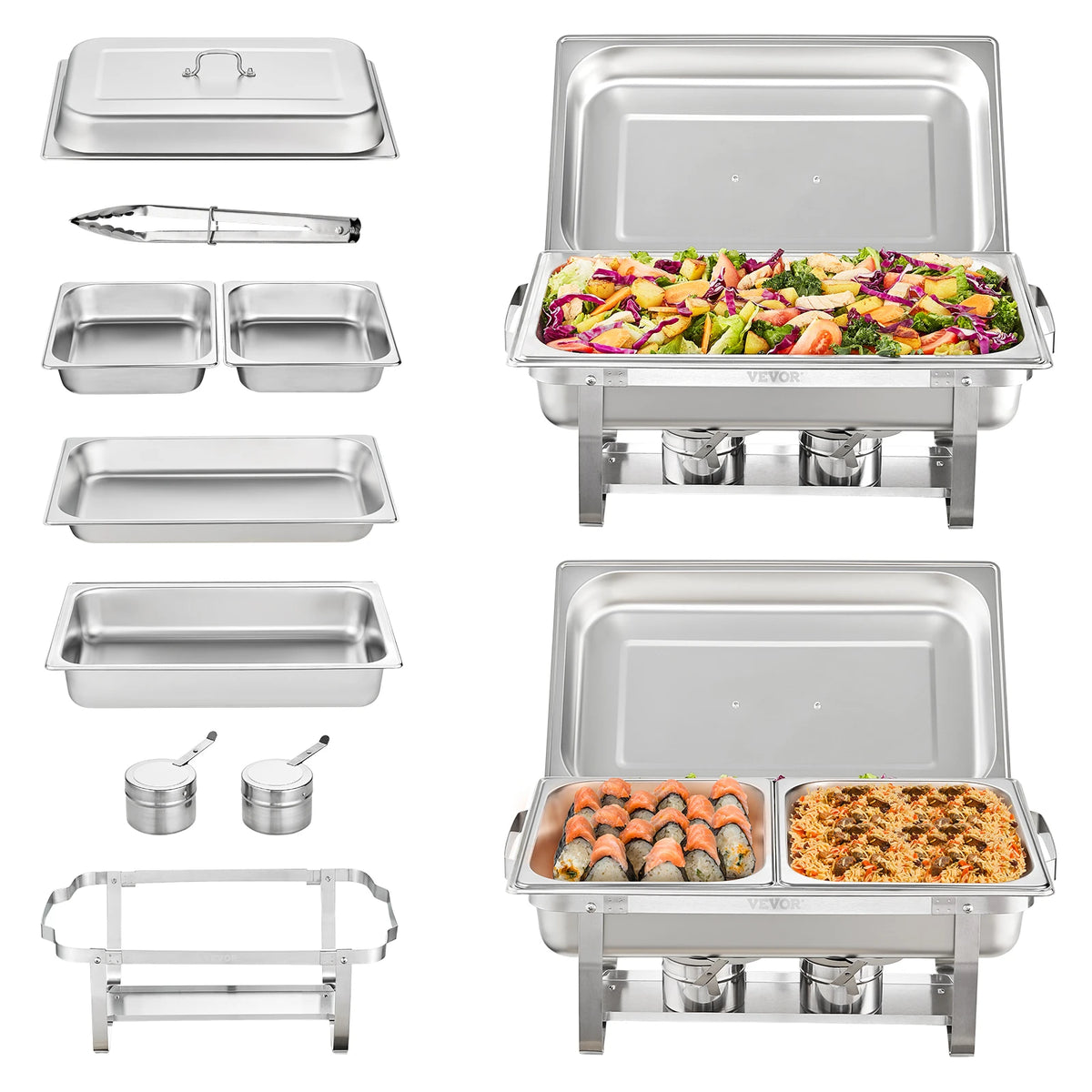 SucceBuy 8QT Rectangle Chafing Dish 2/4/6 Packs W/ Full Size Pans Buffet Catering Warmer Server Folding Stand Fuel Holder Tray