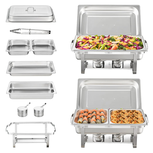 SucceBuy 8QT Rectangle Chafing Dish 2/4/6 Packs W/ Full Size Pans Buffet Catering Warmer Server Folding Stand Fuel Holder Tray