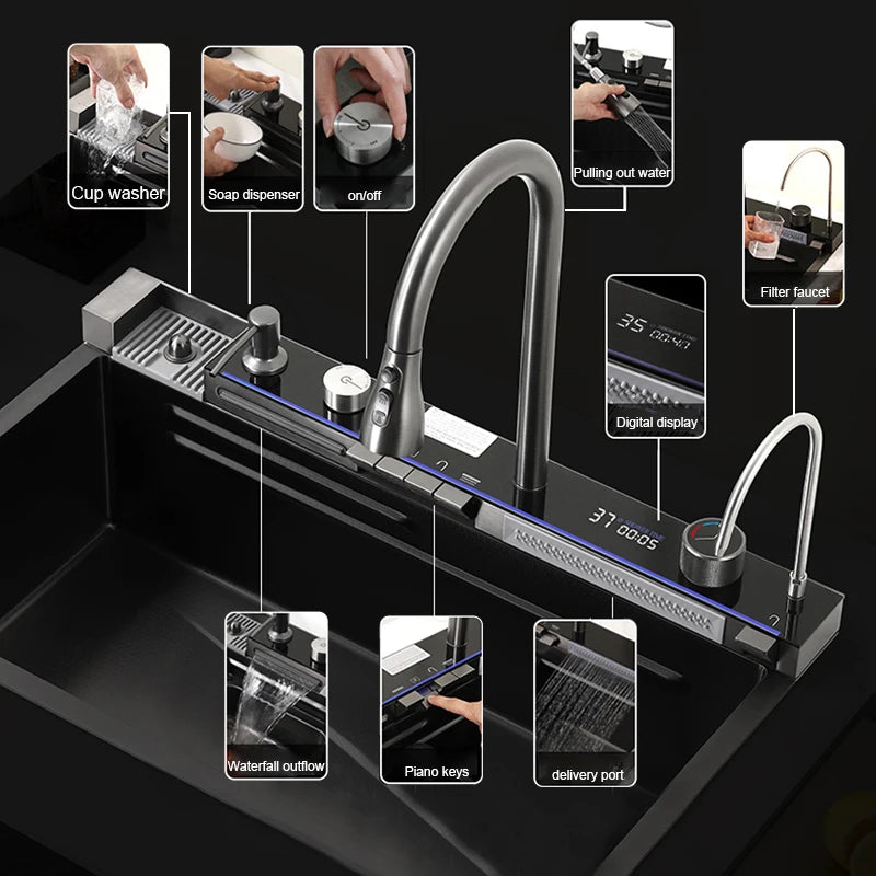 304Stainless Steel Kitchen Sink Faucet Set Rainfall Spout Pull Out Sprayer Pure Tap Cold Hot Water Mixer Multifunctional Kitchen