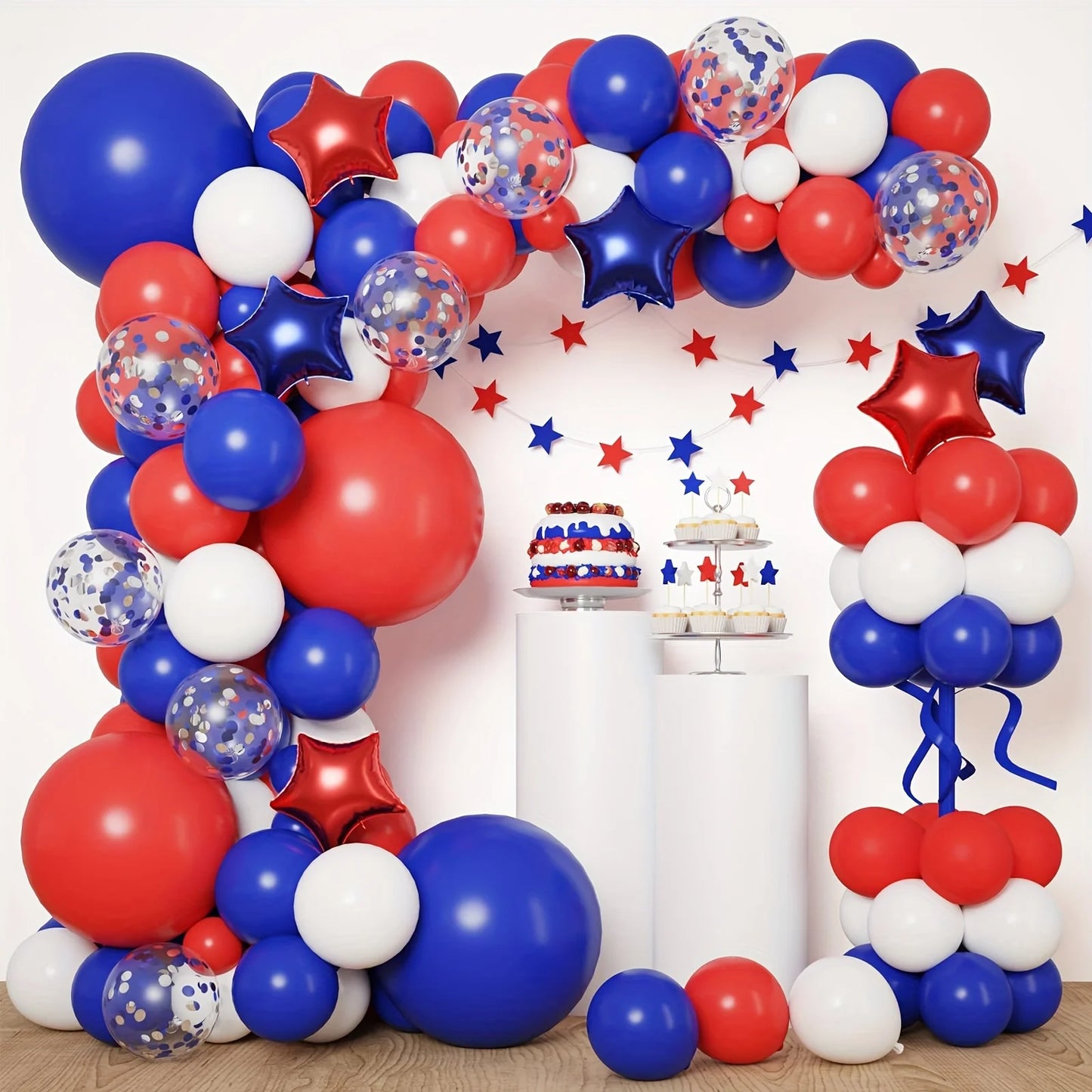 158pcs Red White Blue Patriotic Balloon Arch Kit American Themed Party Supplies Suitable For US Holiday Celebrations Puncture Resistant Not Easy To Break Multi Purpose Game Props Star Aluminum Foil Balloons For July 4th Birth