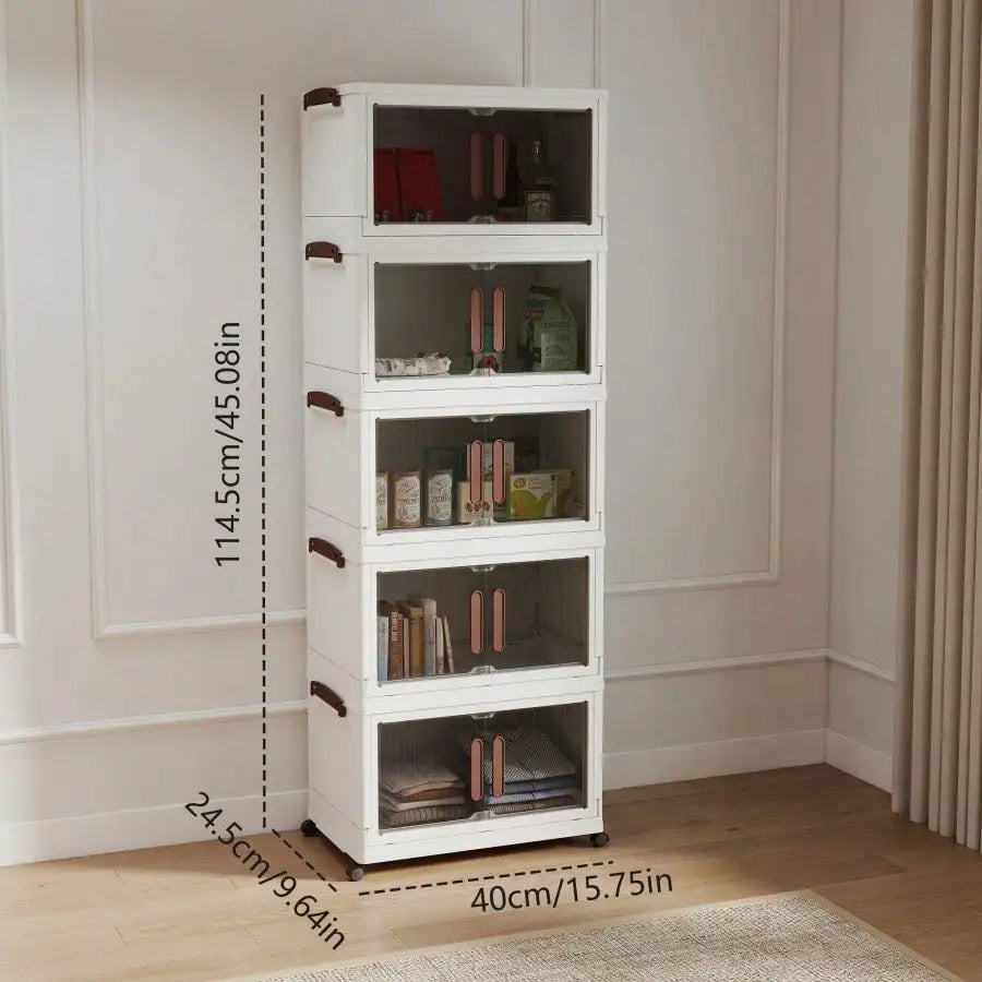 4 Tier Foldable Storage Cabinet Modern White Plastic Stackable Storage Bins Organizer Unit With Clear Magnetic Doors Wheels Handles For Clothes Pantry Bedroom Living Room Housewarming Gift