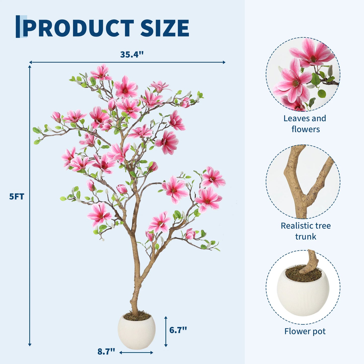 Lifelike Pink Magnolia Artificial Tree for Home Decor – Realistic Tall Silk Faux Plant Flower in Pot for Living Room Entryway