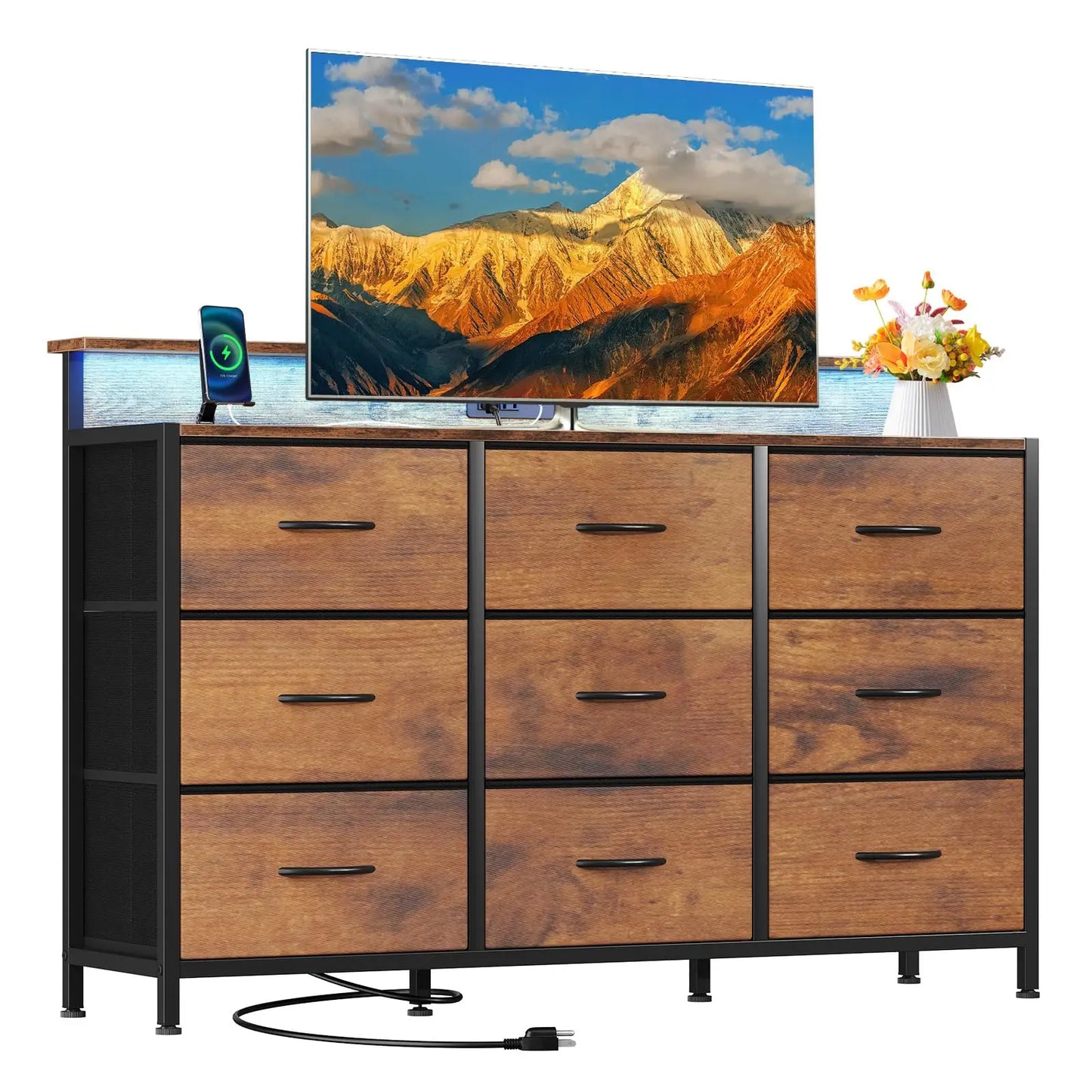 JHK TV Stand Dresser with 9 Fabric Drawers Wood Top Media Console for 32-52 inch TV Stand with Storage Display Of Furniture