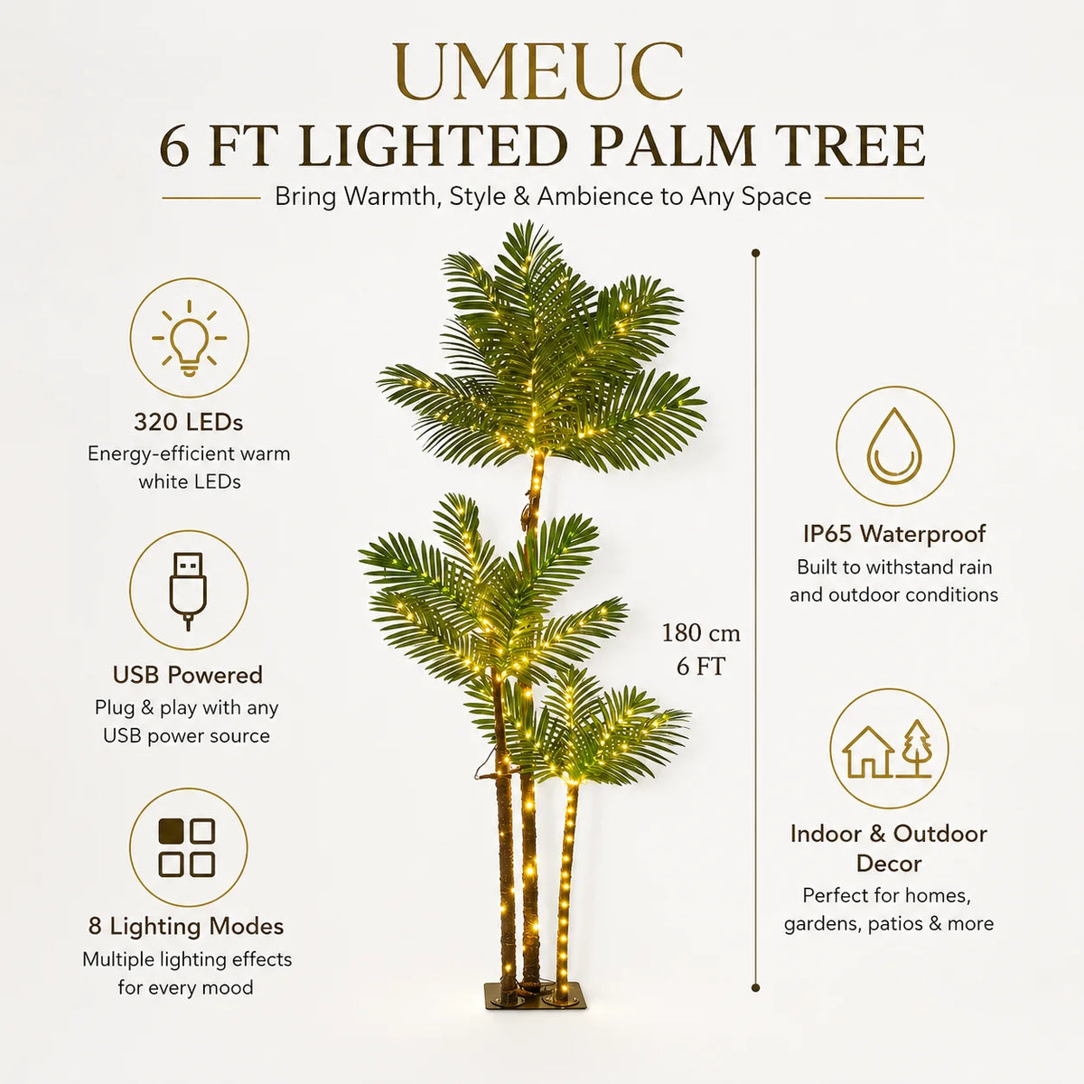 Artificial Palm Tree with LED Lighted Christmas Decor USB Powered, 5FT, 6FT Artificial Palm Tree with LED Lights, 8 Lighting Modes and IP65 Waterproof for Indoor Outdoor Christmas and Tropical Spaces
