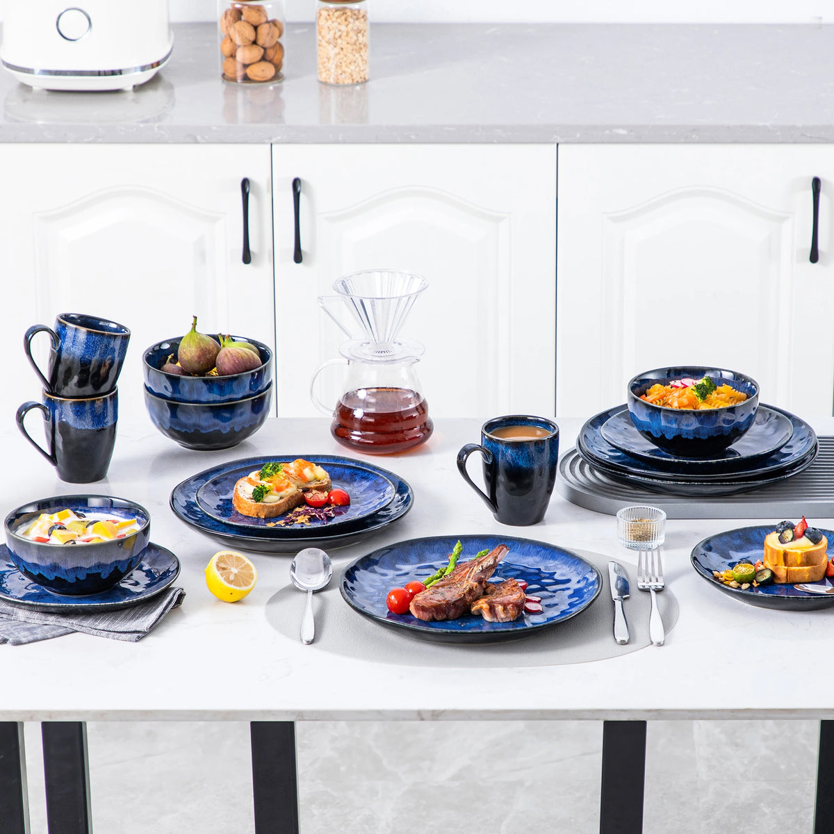 Vancasso 16/32/48-Piece Starry Blue Dinner Set, Kiln Change Glaze Tableware Dinner Set with Dinner Plate, Dessert Plate, Bowl, M