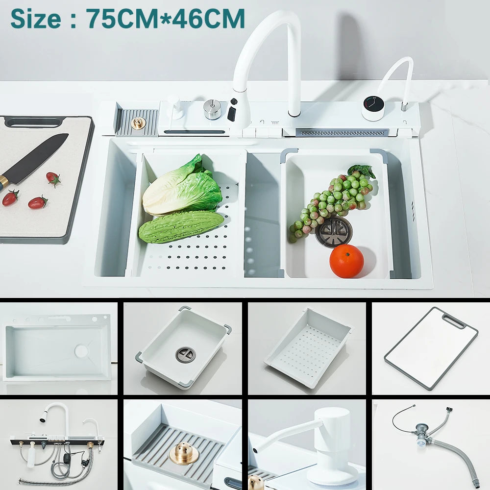 304 Stainless Steel Kitchen Waterfall Sink Digital Display Large Single Sink Dish Basin Sink With Multifunction Touch Waterfall