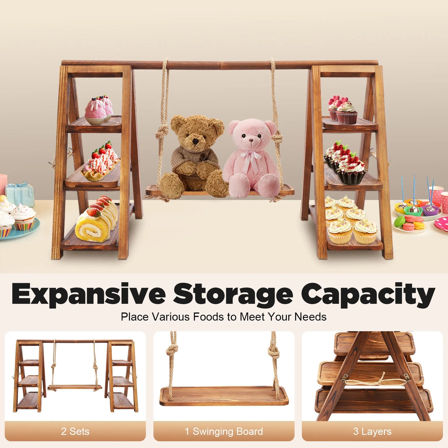 3-Tier Solid Wood Dessert Stand 6KG Load Capacity Detachable Wooden Cupcake Display Rack for Wedding Birthday Party