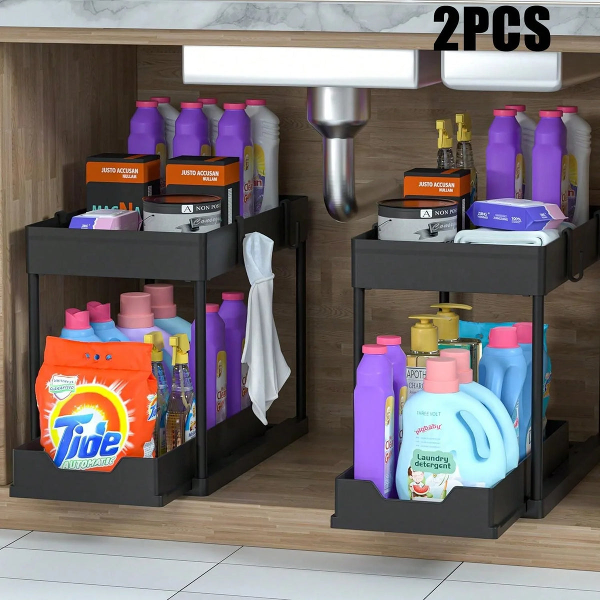 2-Pack/1-Pack 2 Under Sink Organizer 2 Tier Pull Out Sliding Cabinet Storage Rack for Your First Solo Apartment, H Shaped Design Fits Around Pipes, Smooth Glide Bottom Drawer, No Tools Assembly, Heavy Duty Metal.